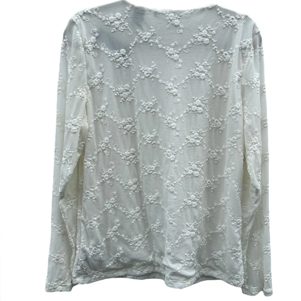 Liz Claiborne XL White Lace Embroidery Semi Sheer Long Sleeve Coquette Top NWT - Picture 2 of 15